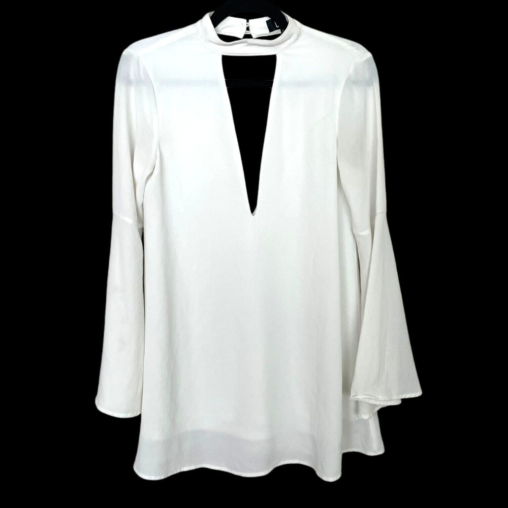 Lulus White Bell Sleeve Chiffon Blouse Double Deep V Keyhole Choker Micro Mini